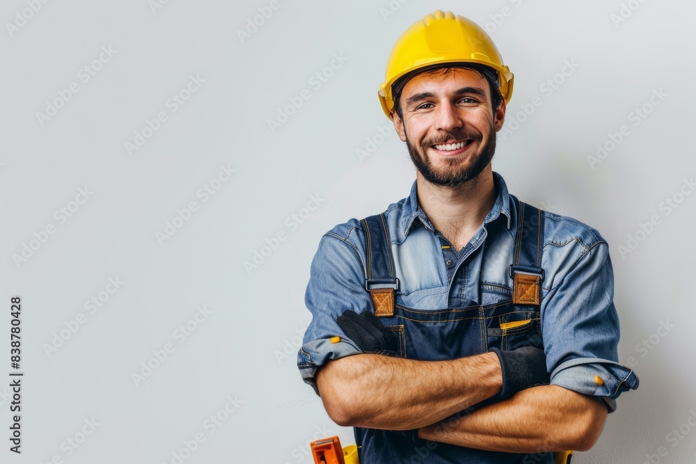 A close-up portrait captures the smiling face of a Caucasian construction worker against a plain white background. A close-up portrait captures the smiling face of a Caucasian construction worker against a plain white background.