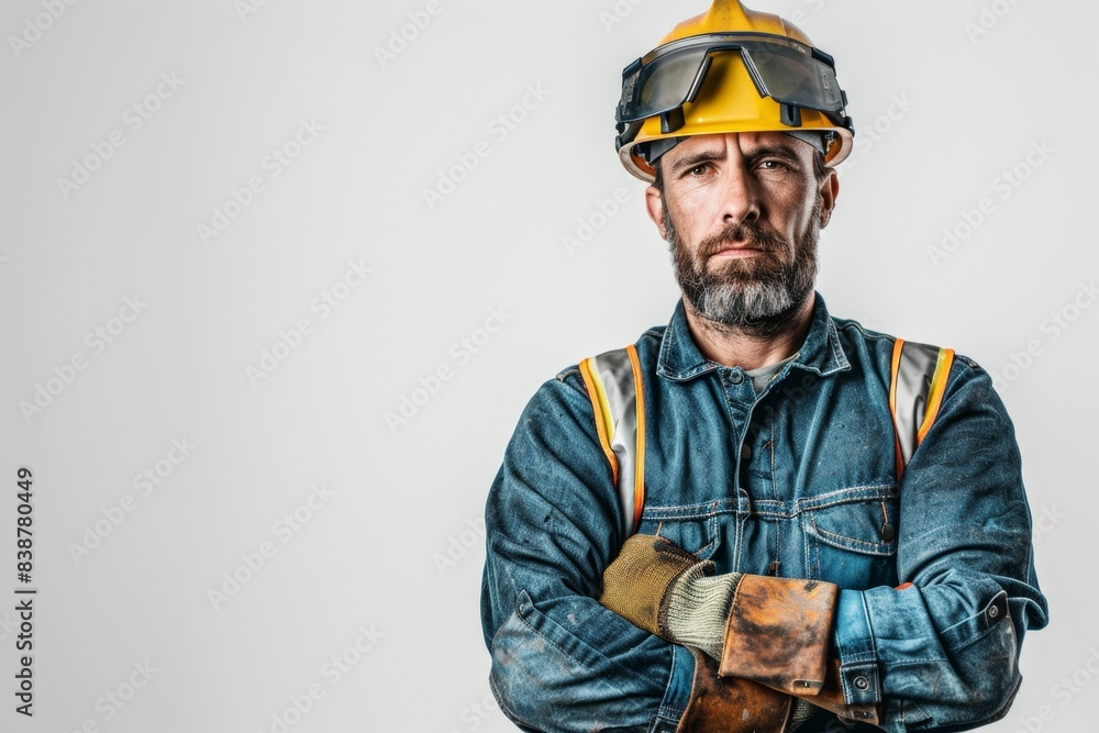 A close-up portrait captures the smiling face of a Caucasian construction worker against a plain white background. A close-up portrait captures the smiling face of a Caucasian construction worker against a plain white background.