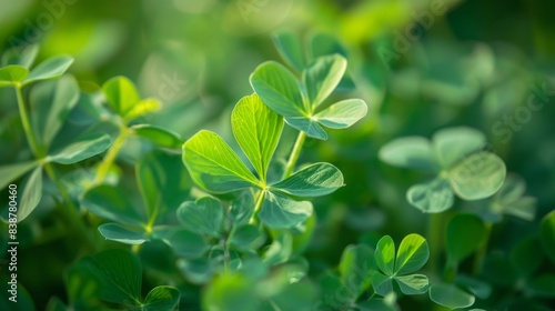 Close-up of lush green clover leaves in sunlight, symbolizing luck and tranquility in a vibrant natural setting. © Flowaiart