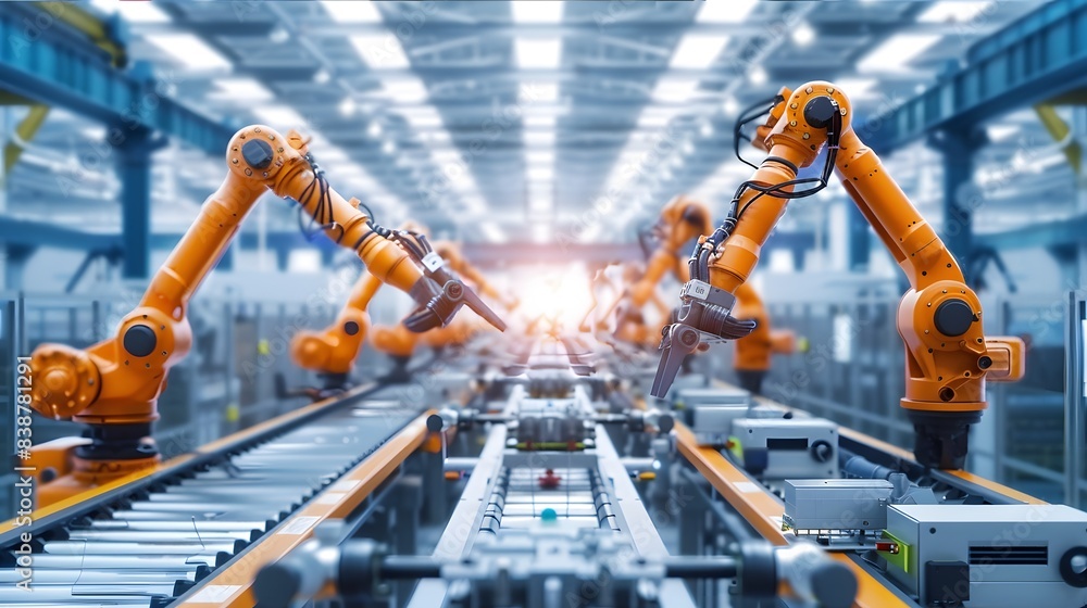 an automated factory floor with advanced machinery and robotic arms operating in harmony, managed by sophisticated control systems using feedback loops an automated factory floor with advanced machinery and robotic arms operating in harmony, managed by sophisticated control systems using feedback loops