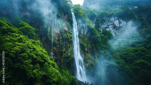 This image is of a waterfall in a lush green forest. The waterfall is cascading over a cliff into a pool of water  with a small waterfall to the left.