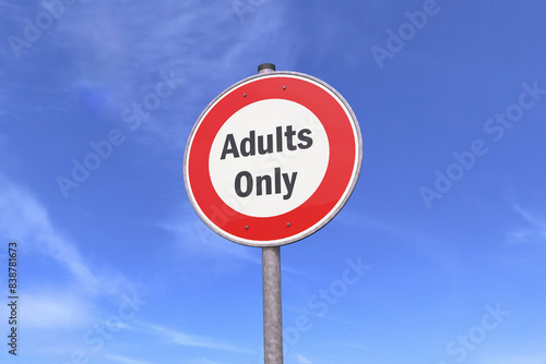 Fotografija 3d rendering of a traffic sign - adults only warning symbol - In the background a blue sky with clouds - censored - adult content
