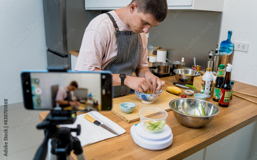 The chef is broadcasting live from workshop how to prepare a vegetarian food The chef is broadcasting live from workshop how to prepare a vegetarian food