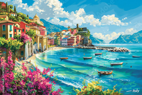 Italy cityscape, town and beach, in the style of graphic design-inspired illustrations, travel poster