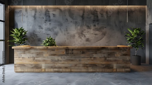 An office reception area with a modern wooden desk against a concrete wall, with soft lighting, illustrating a corporate interior design concept. 3D Rendering