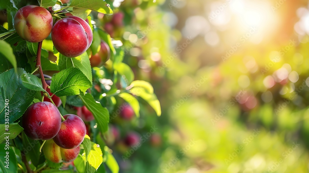 Fresh fruit with green leaves on a branch of a plum tree in the orchard. Shallow depth of field. Ripe plums on a tree in the garden. Plum on a tree branch close-up in a summer garden. empty space Fresh fruit with green leaves on a branch of a plum tree in the orchard. Shallow depth of field. Ripe plums on a tree in the garden. Plum on a tree branch close-up in a summer garden. empty space