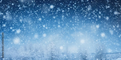 snowing texture of a wintry forest with tall and snow - covered trees under a blue sky