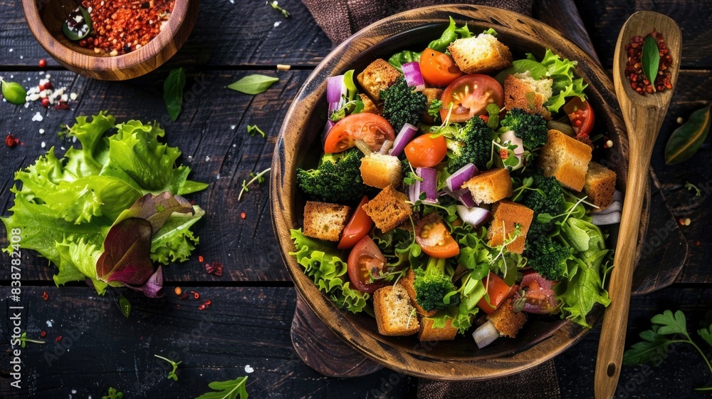 Top down view of fattoush, a Middle Eastern bread salad with sumac Top down view of fattoush, a Middle Eastern bread salad with sumac