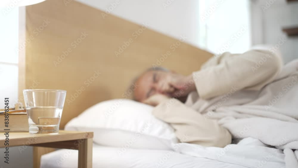 Senior man is sick and taking pills in bedroom. Senior man is sick and taking pills in bedroom.