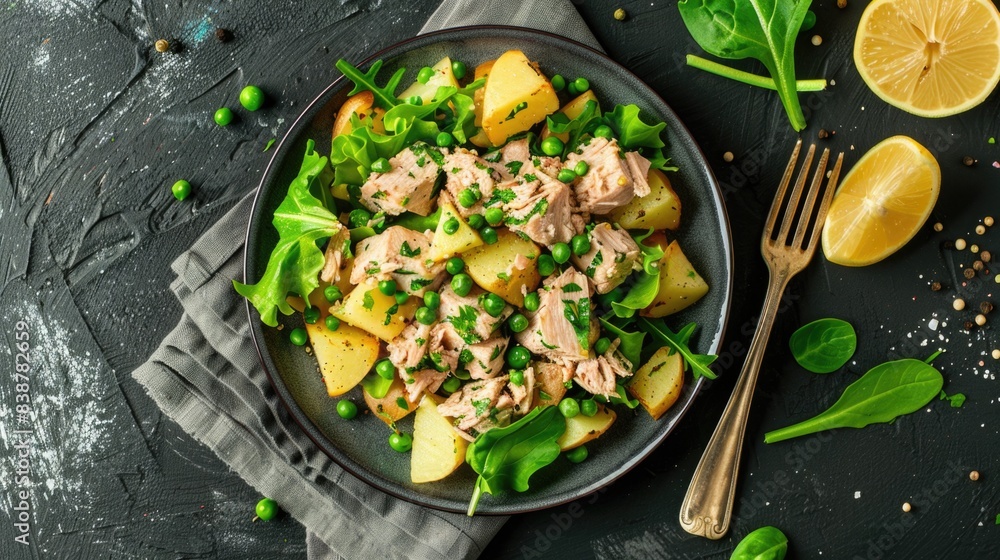 Top down view on a plate with a tuna salad with potatoes and green vegetables Top down view on a plate with a tuna salad with potatoes and green vegetables