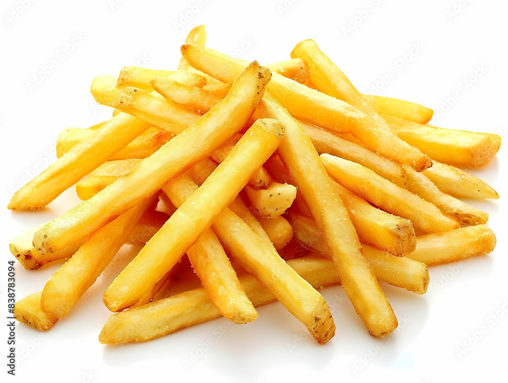 A delicious serving of golden, crisp French fries isolated on a white background, showcasing their perfect texture and mouthwatering appeal. A delicious serving of golden, crisp French fries isolated on a white background, showcasing their perfect texture and mouthwatering appeal.
