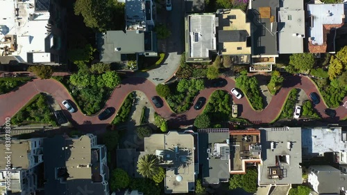 Birds eye drone shot of cars on the Lombard street, in sunny San Francisco, USA