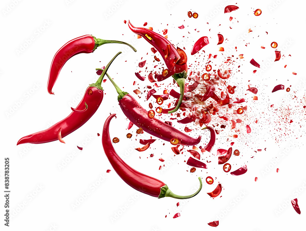 Dynamic image of red chili peppers exploding into small pieces against a white background, capturing energy and spice. Dynamic image of red chili peppers exploding into small pieces against a white background, capturing energy and spice.
