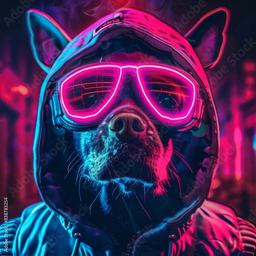 Stylish Dog in Neon Sunglasses and Hoodie
