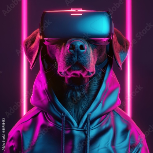 Dog Wearing VR Headset in Neon-lit Room