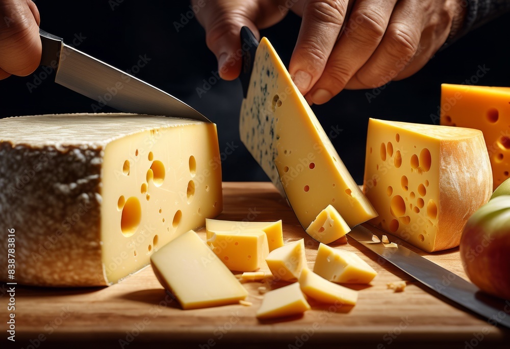 circular cheese wheel being sliced dairy product being cut into