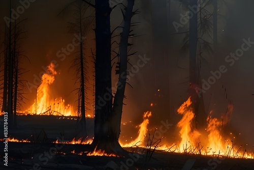 As the severe drought continues, the fires spread rapidly, consuming the fields and steppes in their path. The once vibrant landscape is now reduced to ashes, leaving behind a hauntingly beautiful sce photo