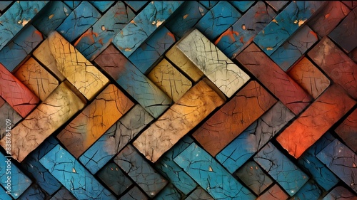 vibrant colors bricks wall with crack surface , herringbone style abstract pattern 