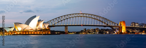 Skyline panoramic at dusk with harbour bridge and opera house, Sydney, Australia