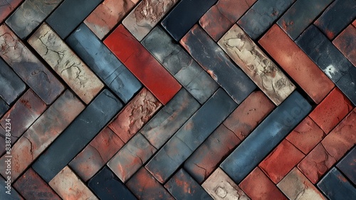 Colorful bricks wall background with herringbone style abstract pattern 