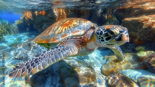 Close-up of a sea turtle. Solitary.