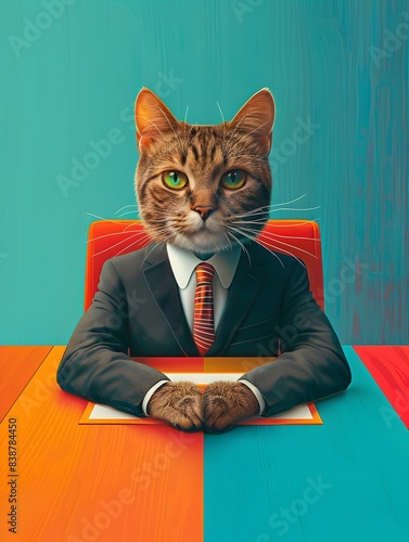 Feline Executive Presiding Over Organized Corporate Meeting in Minimalist Vibrant Setting