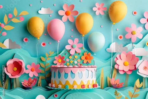 Happy birthday vector paper cut art with a detailed cake, helium balloons, and decorative flowers on a bright and festive backdrop