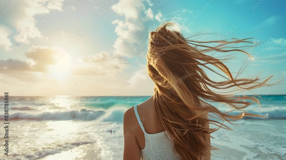 Serene Beach Sunset with Windswept Hair of a Woman Embracing the Ocean Breeze Serene Beach Sunset with Windswept Hair of a Woman Embracing the Ocean Breeze