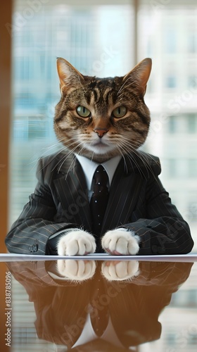 Serious Business Cat Leading a Corporate Discussion on a Bright Uncluttered Table photo