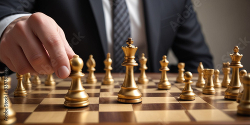 _A-businessmans-hand-moving-a-golden-chess-piece-