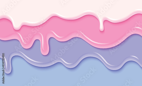 Three layers of pastel colored candy or ice cream drip. Realistic 3d vector illustration of sweet dessert border with melted flowing icing. White, pink and blue liquid glaze and delicious frosting.