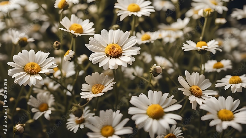 An immersive perspective from above, showcasing the intricate texture of a meadow blanketed with blooming chamomile flowers, creating a natural background filled with vibrant colors and fragrant beaut An immersive perspective from above, showcasing the intricate texture of a meadow blanketed with blooming chamomile flowers, creating a natural background filled with vibrant colors and fragrant beaut