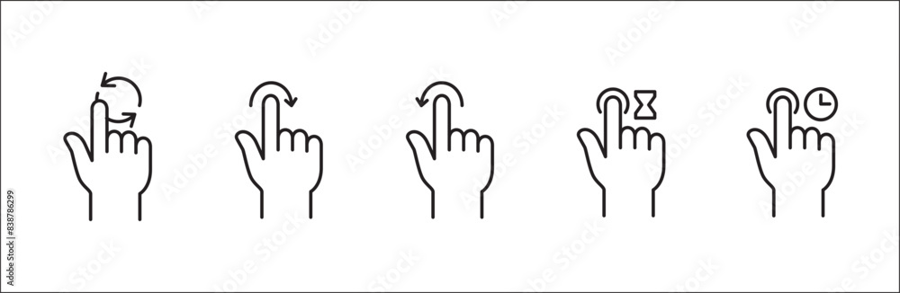 Finger touch screen gesture icon set. Click and rotate touch icon. Push and hold touchscreen symbol. Vector stock icon isolated on white. Graphic design for button template and illustration. Finger touch screen gesture icon set. Click and rotate touch icon. Push and hold touchscreen symbol. Vector stock icon isolated on white. Graphic design for button template and illustration.