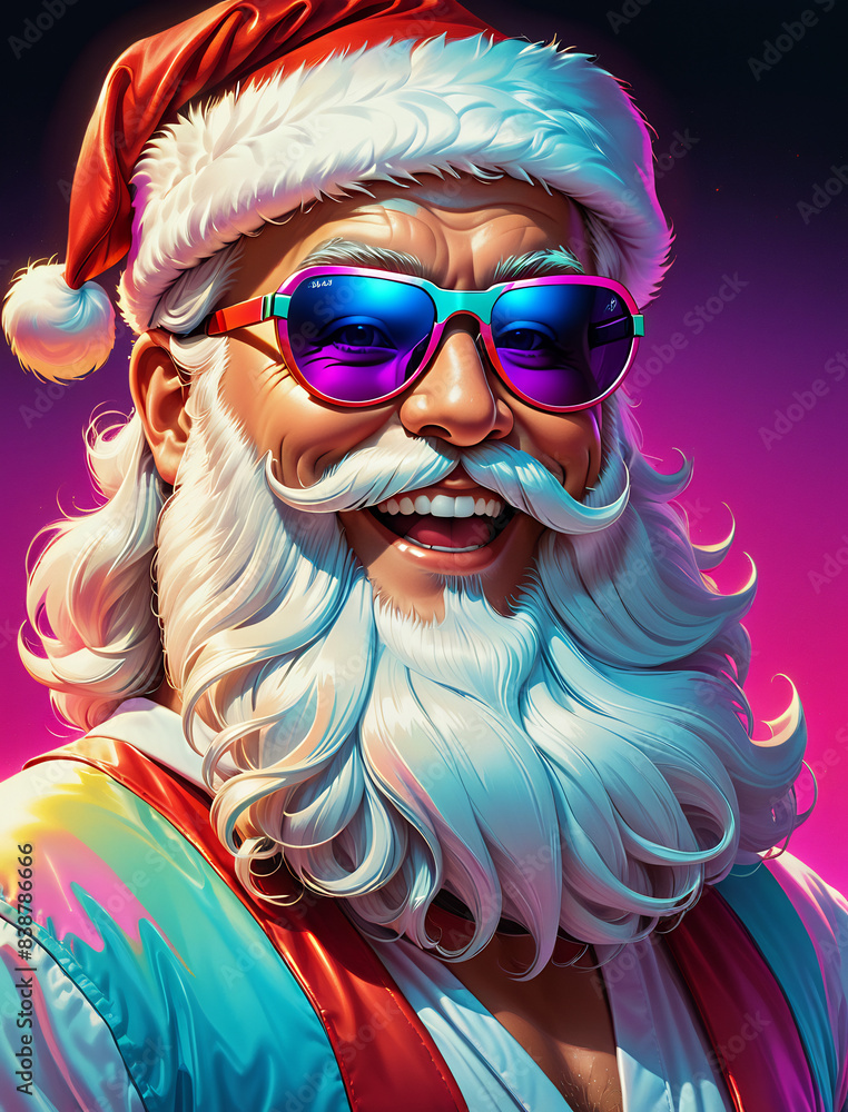 Santa Claus with sunglasses, 80s retro cartoon illustration, closeup