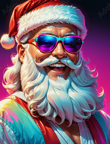 Obraz na płótnie Santa Claus with sunglasses, 80s retro cartoon illustration, closeup w salonie