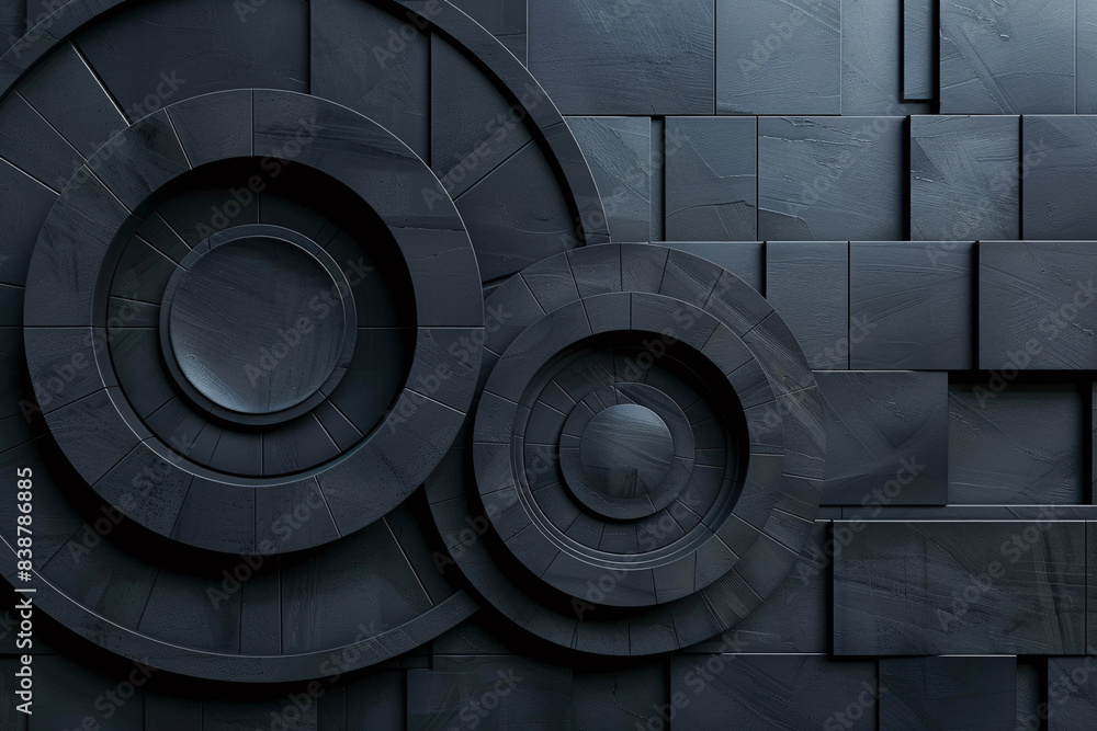 Fototapeta premium A dark background with a futuristic, high-tech feel, highlighting a circle block structure, The wall texture includes a 3D circle tile pattern