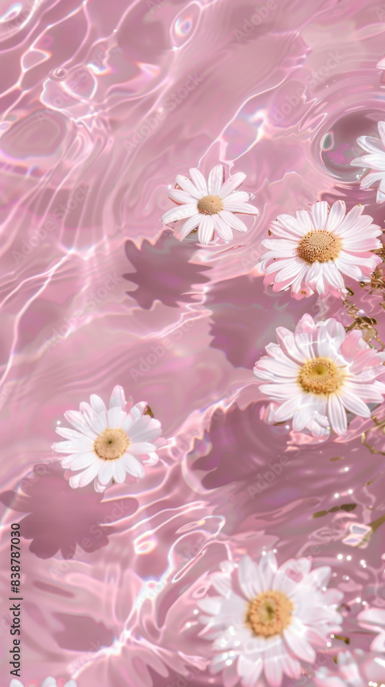 Pink water with daisies, aesthetic background, flat lay pastel pink color, water ripples, Minimal simple idea. Light and airy summer spring atmosphere. Pink water with daisies, aesthetic background, flat lay pastel pink color, water ripples, Minimal simple idea. Light and airy summer spring atmosphere.