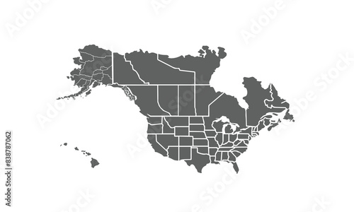 North America map isolated on white background. for website layouts, reports, annual infographics, world, similar world map icons. travel around the world, map silhouette backdrop.