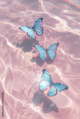 3 blue butterflies on clear water, dreamy pastel aesthetic. The ripples in the shallow sea surface reflect sunlight and light. Light pink and blue summer aesthetic.
