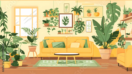 Bright living room with a yellow couch  plants  and wooden flooring. Cozy  well-lit space with modern decor and indoor greenery.