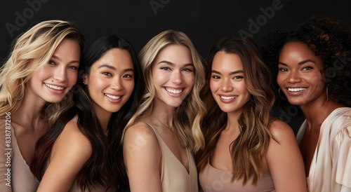 A group of beautiful women with different skin tones, blonde hair and dark curly hair posing for the camera in front of a black background for a skincare brand commercial © Kien
