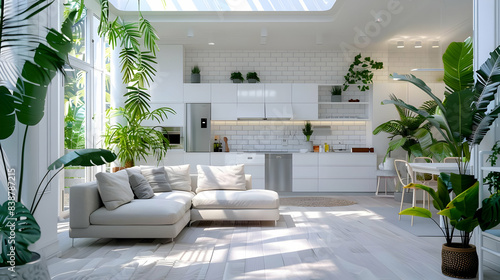 Wallpaper Mural Bright modern living room and kitchen space with large windows, white furniture, natural light, and lush green plants in a cozy open concept design. Torontodigital.ca