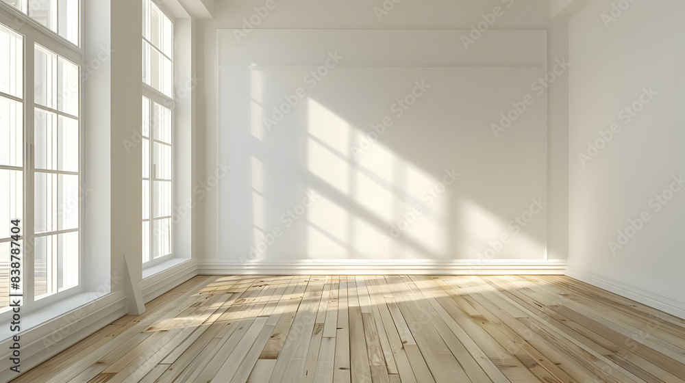 Empty bright room with large windows casting light on wooden floor. Minimalist interior with sunlit space, perfect for design or staging. Empty bright room with large windows casting light on wooden floor. Minimalist interior with sunlit space, perfect for design or staging.