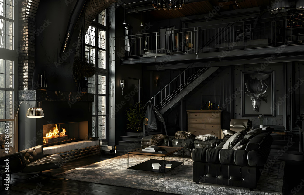 Luxurious modern loft interior with dark decor, high ceilings, cozy seating area by the fireplace, and stylish furnishings. Luxurious modern loft interior with dark decor, high ceilings, cozy seating area by the fireplace, and stylish furnishings.