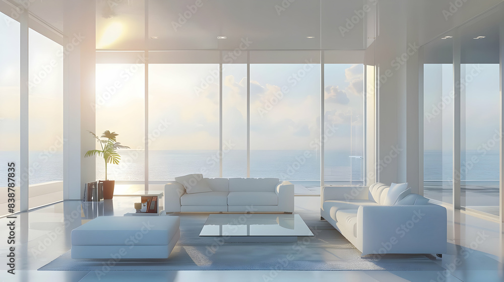 Modern minimalistic living room with floor-to-ceiling windows and ocean view. Sunlight streaming in through the glass walls. Modern minimalistic living room with floor-to-ceiling windows and ocean view. Sunlight streaming in through the glass walls.