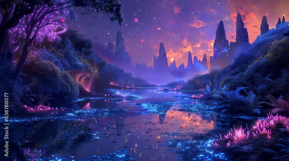 Obraz premium Fantasy landscape with glowing bioluminescent plants, fantasy, vibrant colors, digital painting, great for naturethemed announcements
