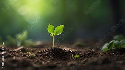 An evocative portrayal of a tiny green sprout peeking out from the ground, embodying the essence of hope, perseverance, and the innate urge to thrive. photo