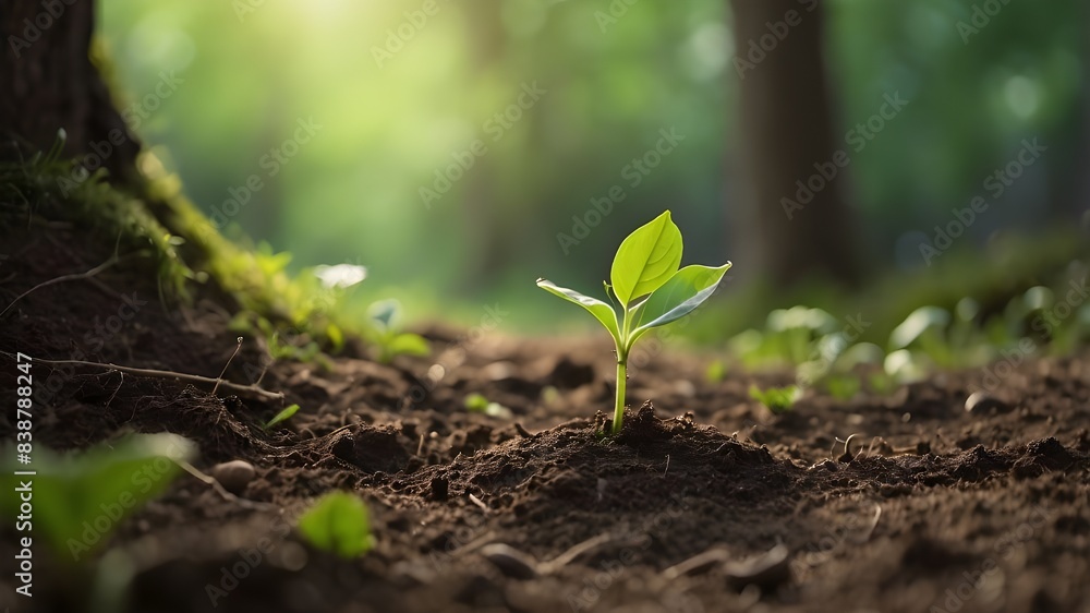 An intimate glimpse of a young green sprout pushing its way through the earth, heralding the arrival of spring and the renewal of nature's cycle. An intimate glimpse of a young green sprout pushing its way through the earth, heralding the arrival of spring and the renewal of nature's cycle.