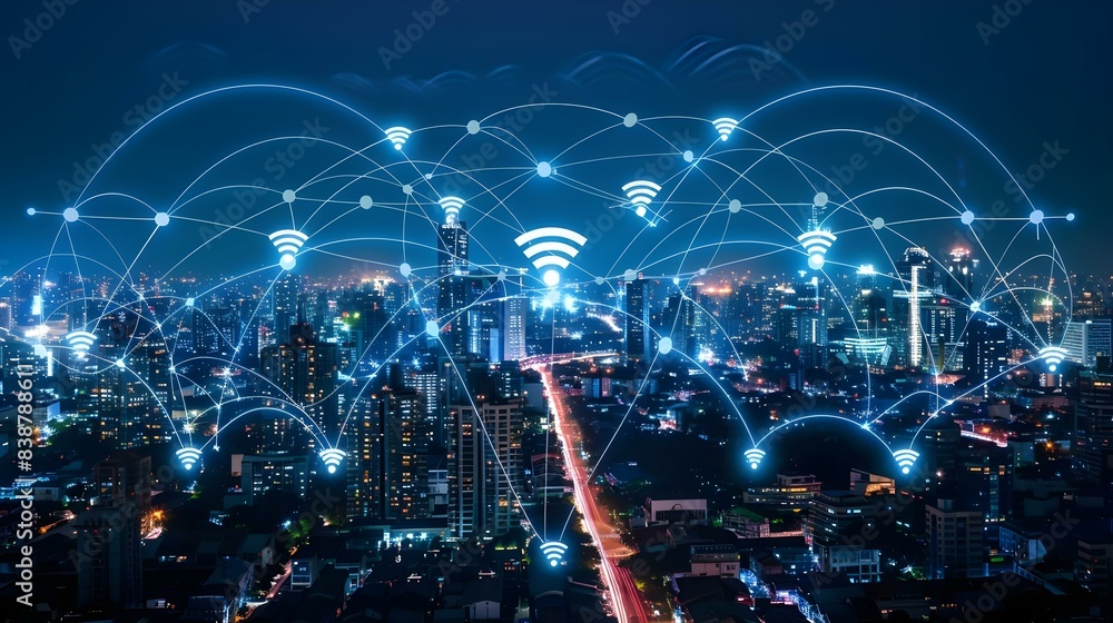 Obraz premium Modern city with wireless network connection