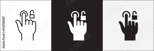 Finger touch screen gesture icon. Fingerprint and pattern lock or unlock screen icon. Biometric sensor sign. Vector stock icon isolated on white. Graphic design for button template and illustration.